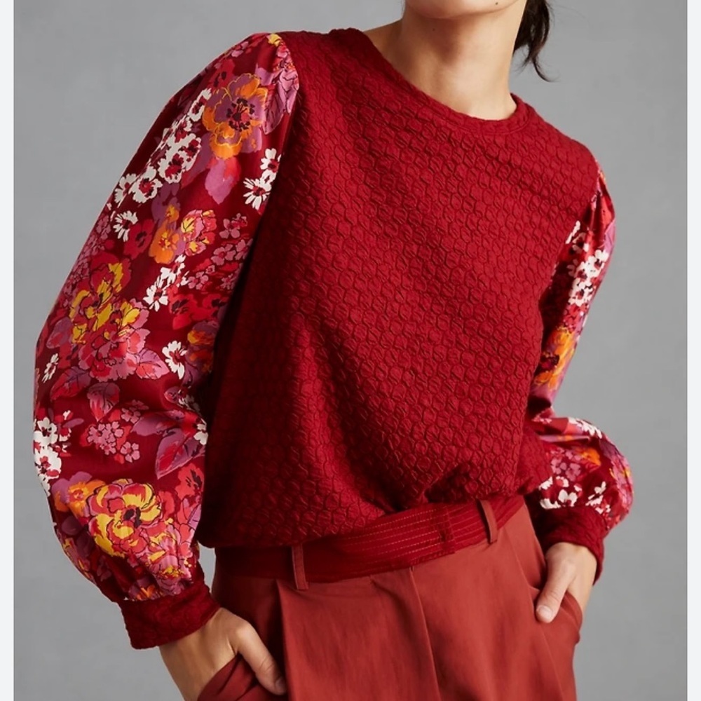 SOLD.Anthropologie Porridge Textured Sweatshirt Floral Balloon Slv Top M blouse